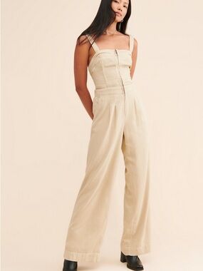 Free People Call on Me Beige Wide-Leg Jumpsuit with Front Zip Small